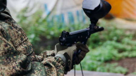 Paintball game, team in camouflage protective uniform with paintball guns and ammunition, strikeball...