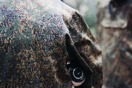 Paintball game, team in camouflage protective uniform with paintball guns and ammunition, strikeball...