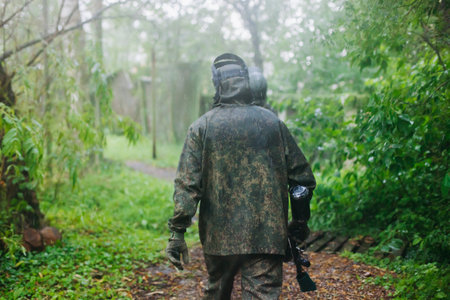 Paintball game, team in camouflage protective uniform with paintball guns and ammunition, strikeball arena battlefield, paintballer aiming and shooting at opponents, airsoft players match tournamentの写真素材