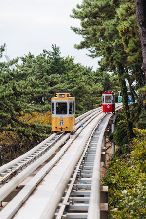 Haeundae Blue Line Park, Busan, ride on multicolored sky capsule train, railway tram route from Mipo to Cheongsapo station, coastal monorail in Busan, Yeongnam, South Korea, Republic of Korea travelの写真素材