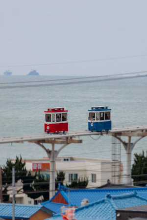 Haeundae Blue Line Park, Busan, ride on multicolored sky capsule train, railway tram route from Mipo to Cheongsapo station, coastal monorail in Busan, Yeongnam, South Korea, Republic of Korea travelの写真素材