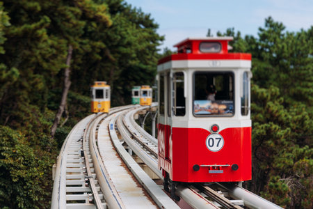 Haeundae Blue Line Park, Busan, ride on multicolored sky capsule train, railway tram route from Mipo to Cheongsapo station, coastal monorail in Busan, Yeongnam, South Korea, Republic of Korea travelの写真素材