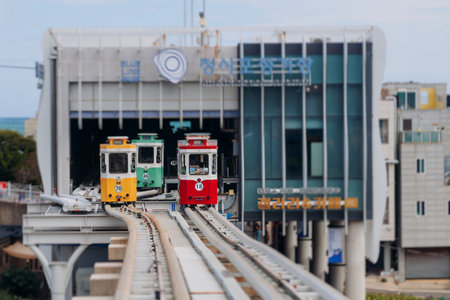 Haeundae Blue Line Park, Busan, ride on multicolored sky capsule train, railway tram route from Mipo...