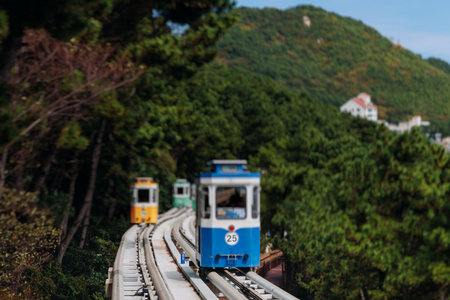 Haeundae Blue Line Park, Busan, ride on multicolored sky capsule train, railway tram route from Mipo...