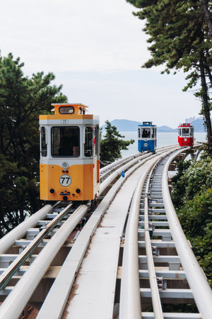 Haeundae Blue Line Park, Busan, ride on multicolored sky capsule train, railway tram route from Mipo...