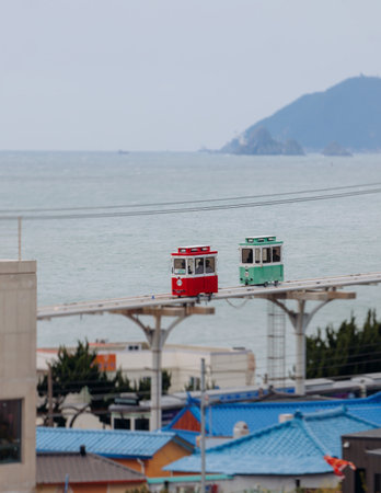 Haeundae Blue Line Park, Busan, ride on multicolored sky capsule train, railway tram route from Mipo...