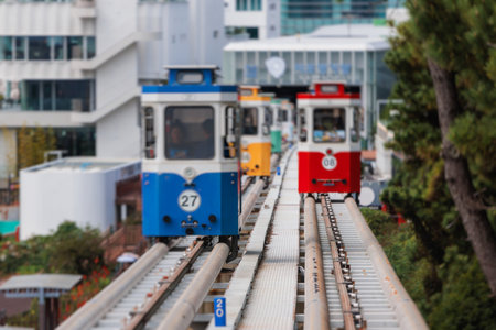 Haeundae Blue Line Park, Busan, ride on multicolored sky capsule train, railway tram route from Mipo...