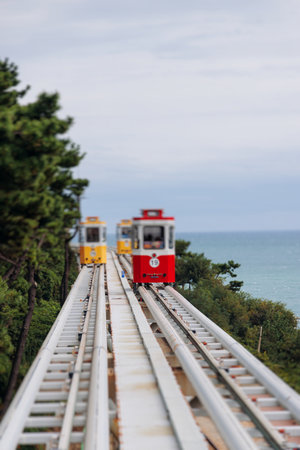 Haeundae Blue Line Park, Busan, ride on multicolored sky capsule train, railway tram route from Mipo to Cheongsapo station, coastal monorail in Busan, Yeongnam, South Korea, Republic of Korea travelの写真素材