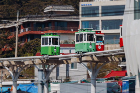 Haeundae Blue Line Park, Busan, ride on multicolored sky capsule train, railway tram route from Mipo...