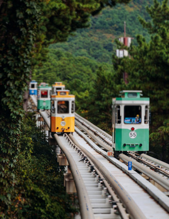 Haeundae Blue Line Park, Busan, ride on multicolored sky capsule train, railway tram route from Mipo...