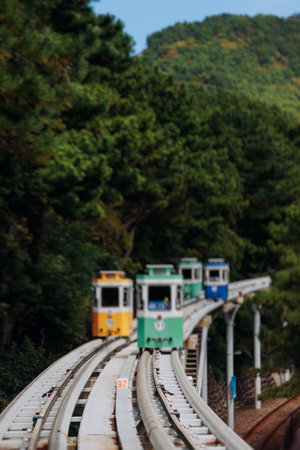 Haeundae Blue Line Park, Busan, ride on multicolored sky capsule train, railway tram route from Mipo...