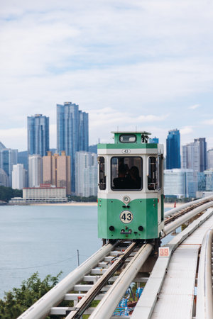 Haeundae Blue Line Park, Busan, ride on multicolored sky capsule train, railway tram route from Mipo...