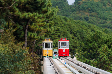 Haeundae Blue Line Park, Busan, ride on multicolored sky capsule train, railway tram route from Mipo to Cheongsapo station, coastal monorail in Busan, Yeongnam, South Korea, Republic of Korea travelの写真素材
