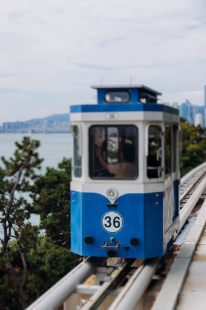 Haeundae Blue Line Park, Busan, ride on multicolored sky capsule train, railway tram route from Mipo to Cheongsapo station, coastal monorail in Busan, Yeongnam, South Korea, Republic of Korea travelの写真素材