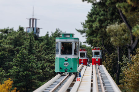 Haeundae Blue Line Park, Busan, ride on multicolored sky capsule train, railway tram route from Mipo to Cheongsapo station, coastal monorail in Busan, South Korea, travelの写真素材