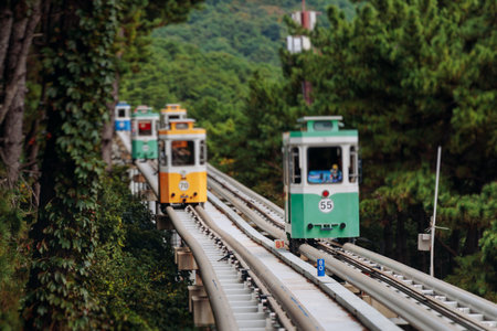 Haeundae Blue Line Park, Busan, ride on multicolored sky capsule train, railway tram route from Mipo to Cheongsapo station, coastal monorail in Busan, Yeongnam, South Korea, Republic of Korea travelの写真素材