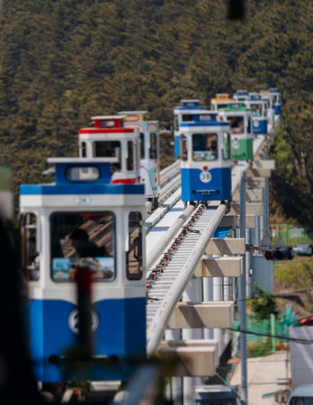 Haeundae Blue Line Park, Busan, ride on multicolored sky capsule train, railway tram route from Mipo...