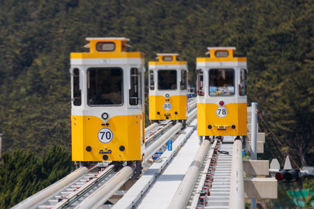 Haeundae Blue Line Park, Busan, ride on multicolored sky capsule train, railway tram route from Mipo...