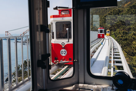 Haeundae Blue Line Park, Busan, ride on multicolored sky capsule train, railway tram route from Mipo...
