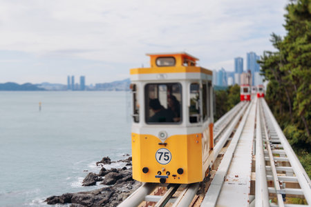 Haeundae Blue Line Park, Busan, ride on multicolored sky capsule train, railway tram route from Mipo to Cheongsapo station, coastal monorail in Busan, Yeongnam, South Korea, Republic of Korea travelの写真素材
