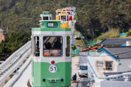 Haeundae Blue Line Park, Busan, ride on multicolored sky capsule train, railway tram route from Mipo to Cheongsapo station, coastal monorail in Busan, Yeongnam, South Korea, Republic of Korea travelの写真素材
