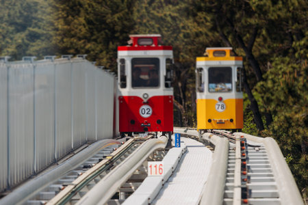 Haeundae Blue Line Park, Busan, ride on multicolored sky capsule train, railway tram route from Mipo to Cheongsapo station, coastal monorail in Busan, Yeongnam, South Korea, Republic of Korea travelの写真素材