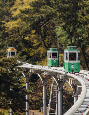 Haeundae Blue Line Park, Busan, ride on multicolored sky capsule train, railway tram route from Mipo...