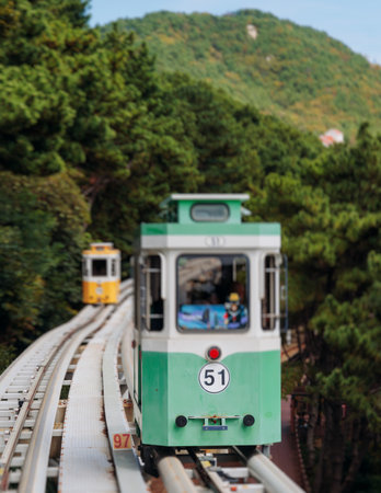 Haeundae Blue Line Park, Busan, ride on multicolored sky capsule train, railway tram route from Mipo to Cheongsapo station, coastal monorail in Busan, Yeongnam, South Korea, Republic of Korea travelの写真素材