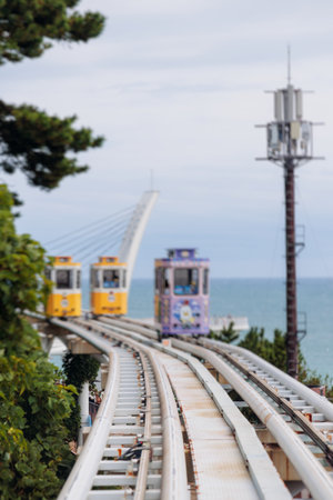 Haeundae Blue Line Park, Busan, ride on multicolored sky capsule train, railway tram route from Mipo to Cheongsapo station, coastal monorail in Busan, Yeongnam, South Korea, Republic of Korea travelの写真素材
