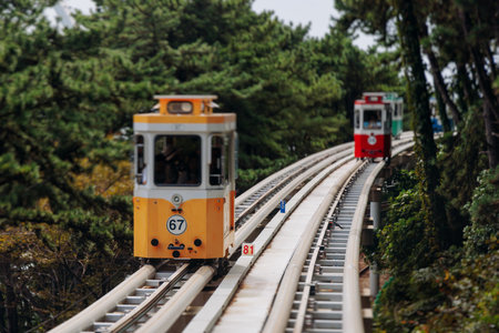 Haeundae Blue Line Park, Busan, ride on multicolored sky capsule train, railway tram route from Mipo to Cheongsapo station, coastal monorail in Busan, Yeongnam, South Korea, Republic of Korea travelの写真素材