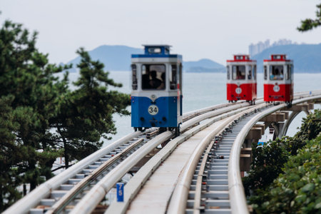 Haeundae Blue Line Park, Busan, ride on multicolored sky capsule train, railway tram route from Mipo...