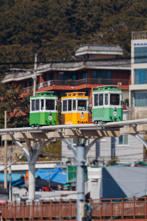 Haeundae Blue Line Park, Busan, ride on multicolored sky capsule train, railway tram route from Mipo...