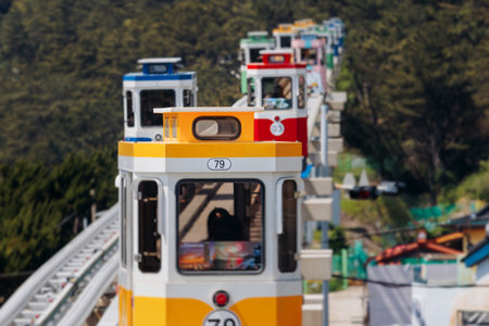 Haeundae Blue Line Park, Busan, ride on multicolored sky capsule train, railway tram route from Mipo to Cheongsapo station, coastal monorail in Busan, Yeongnam, South Korea, Republic of Korea travelの写真素材