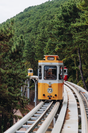 Haeundae Blue Line Park, Busan, ride on multicolored sky capsule train, railway tram route from Mipo to Cheongsapo station, coastal monorail in Busan, South Korea, Republic of Korea travelの写真素材