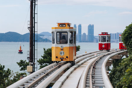 Haeundae Blue Line Park, Busan, ride on multicolored sky capsule train, railway tram route from Mipo to Cheongsapo station, coastal monorail in Busan, Yeongnam, South Korea, Republic of Korea travelの写真素材