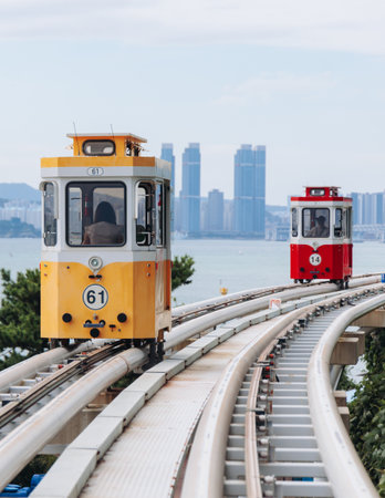 Haeundae Blue Line Park, Busan, ride on multicolored sky capsule train, railway tram route from Mipo to Cheongsapo station, coastal monorail in Busan, Yeongnam, South Korea, Republic of Korea travelの写真素材