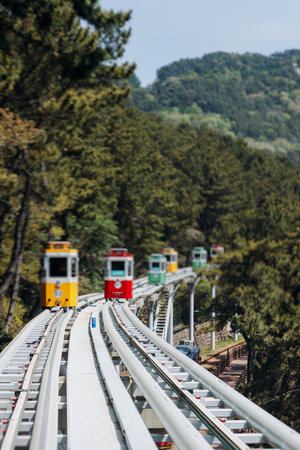 Haeundae Blue Line Park, Busan, ride on multicolored sky capsule train, railway tram route from Mipo to Cheongsapo station, coastal monorail in Busan, Yeongnam, South Korea, Republic of Korea travelの写真素材