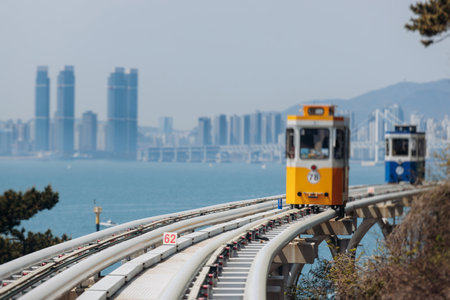 Haeundae Blue Line Park, Busan, ride on multicolored sky capsule train, railway tram route from Mipo to Cheongsapo station, coastal monorail in Busan, Yeongnam, South Korea, Republic of Korea travelの写真素材