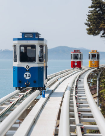 Haeundae Blue Line Park, Busan, ride on multicolored sky capsule train, railway tram route from Mipo...