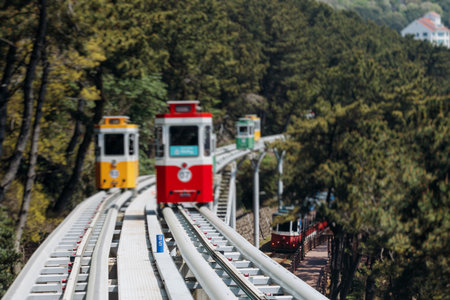 Haeundae Blue Line Park, Busan, ride on multicolored sky capsule train, railway tram route from Mipo...