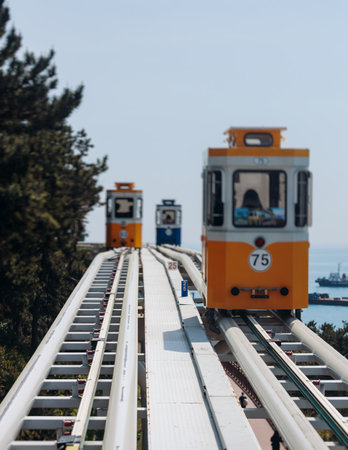 Haeundae Blue Line Park, Busan, ride on multicolored sky capsule train, railway tram route from Mipo to Cheongsapo station, coastal monorail in Busan, Yeongnam, South Korea, Republic of Korea travelの写真素材