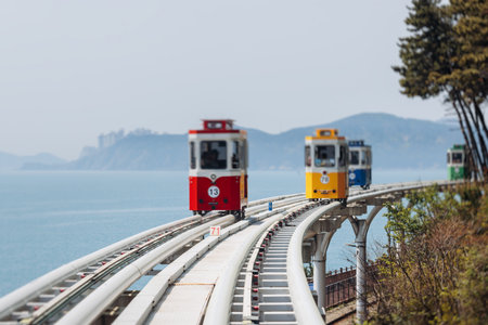 Haeundae Blue Line Park, Busan, ride on multicolored sky capsule train, railway tram route from Mipo to Cheongsapo station, coastal monorail in Busan, Yeongnam, South Korea, Republic of Korea travelの写真素材