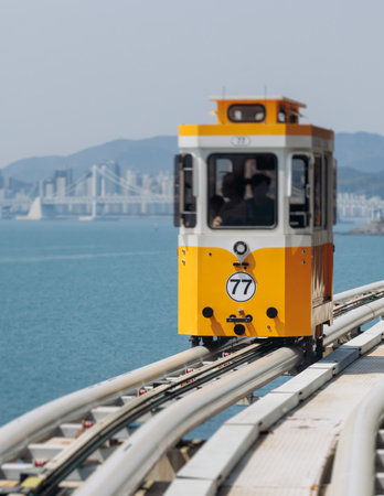 Haeundae Blue Line Park, Busan, ride on multicolored sky capsule train, railway tram route from Mipo to Cheongsapo station, coastal monorail in Busan, Yeongnam, South Korea, Republic of Korea travelの写真素材
