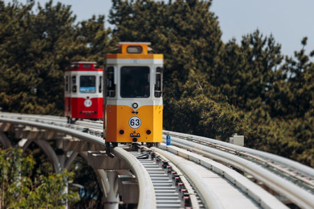 Haeundae Blue Line Park, Busan, ride on multicolored sky capsule train, railway tram route from Mipo...