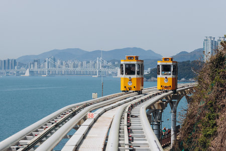 Haeundae Blue Line Park, Busan, ride on multicolored sky capsule train, railway tram route from Mipo to Cheongsapo station, coastal monorail in Busan, Yeongnam, South Korea, Republic of Korea travelの写真素材