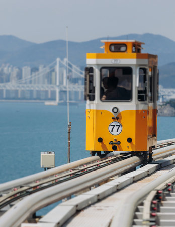 Haeundae Blue Line Park, Busan, ride on multicolored sky capsule train, railway tram route from Mipo...