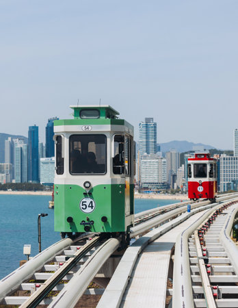 Haeundae Blue Line Park, Busan, ride on multicolored sky capsule train, railway tram route from Mipo to Cheongsapo station, coastal monorail in Busan, Yeongnam, South Korea, Republic of Korea travelの写真素材