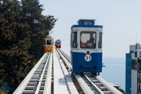 Haeundae Blue Line Park, Busan, ride on multicolored sky capsule train, railway tram route from Mipo to Cheongsapo station, coastal monorail in Busan, Yeongnam, South Korea, Republic of Korea travelの写真素材