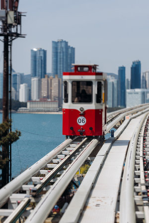 Haeundae Blue Line Park, Busan, ride on multicolored sky capsule train, railway tram route from Mipo...