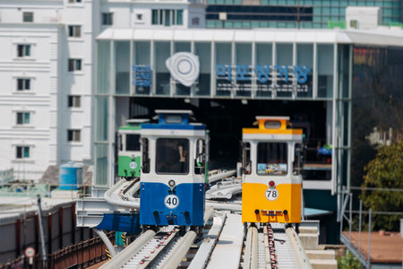 Haeundae Blue Line Park, Busan, ride on multicolored sky capsule train, railway tram route from Mipo...